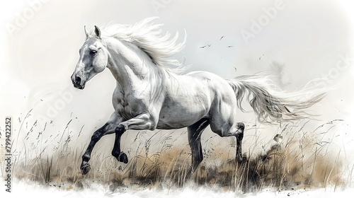   A White Horse Galloping Through Tall Grass - Artwork featuring a majestic white horse sprinting across a vast field of towering grass blades  while feathered birds so