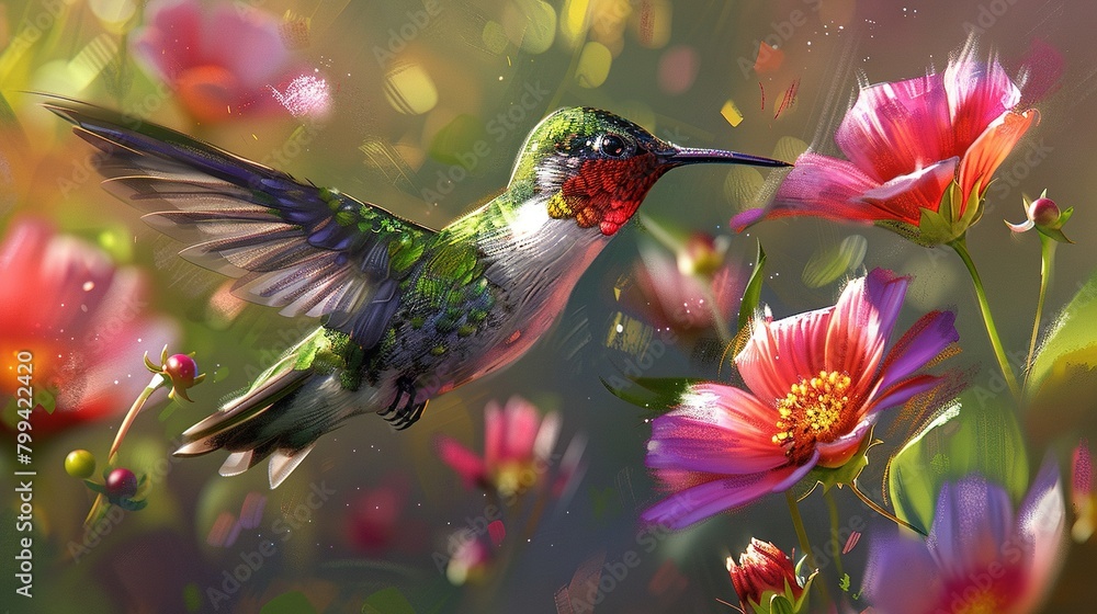 Obraz premium Hummingbird flying over colorful flower garden Pink & yellow flowers in foreground