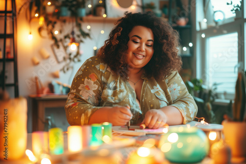 Plus-sized woman creatively engaged in crafting at her warmly decorated home workspace