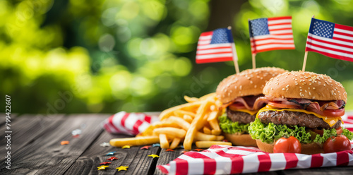 An American Independence Day celebration with a classic burger and fries on a picnic table adorned with the U.S. flag.
