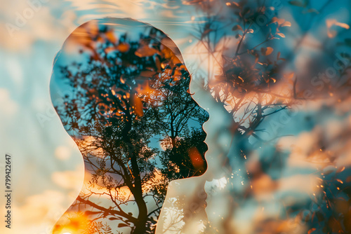 A double exposure of a silhouette profile male head and trees, with sky at sunset in the background - AI Generated