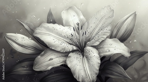  A monochrome illustration of a bloom with droplets on its petals and additional petals on the existing petals