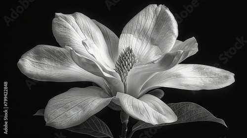  A monochrome image of a blossom perched atop a stalk, surrounded by verdant foliage against a dark backdrop
