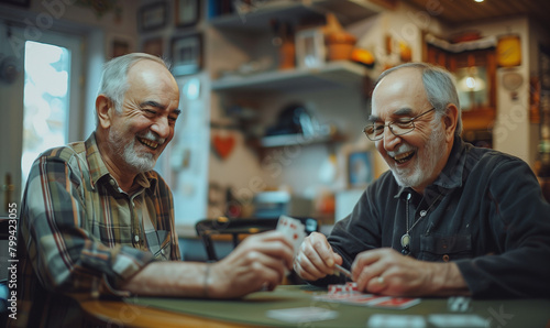 Two joyful senior men are engaged in a card game, sitting at a table. They are sharing a hearty laugh, radiating warmth and companionship. The room appears cozy, adorned with kitchen items.