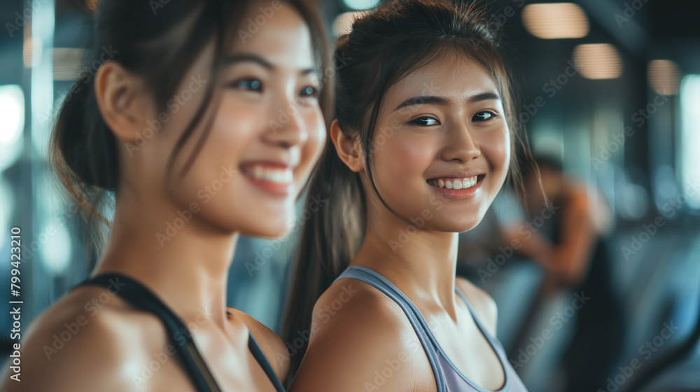 Happy asian woman warming up with her female friend during sports training in gym.