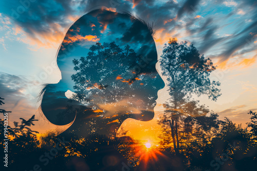 A double exposure of a silhouette profile female head and trees, with sky at sunset in the background - AI Generated