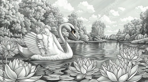   Swan on Lake with Water Lilies and Trees - A monochrome illustration of a majestic swan swimming in a serene lake, surrounded by vibrant water l photo