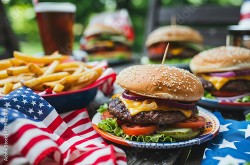 Picnic party for Fourth of July, Memorial Day, USA Independence Day concept outdoor. Patriotic, American food, burgers, drinks, american flag.