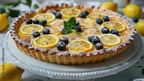   A lemon-blueberry tart served on a white plate, garnished with fresh mint leaves