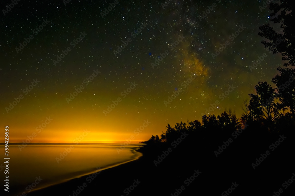 Milk Way night sky over trees at Lake Erie, Rondeau Park, Ontario, Canada