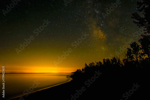 Milk Way night sky over trees at Lake Erie, Rondeau Park, Ontario, Canada