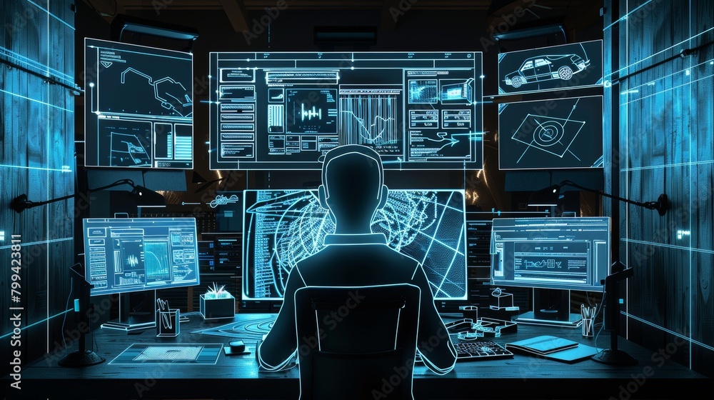 Digital Creativity Silhouette of Artist at Work in Modern Studio with Creative Software and Tech Screens Concept of Innovation Design and Inspiration