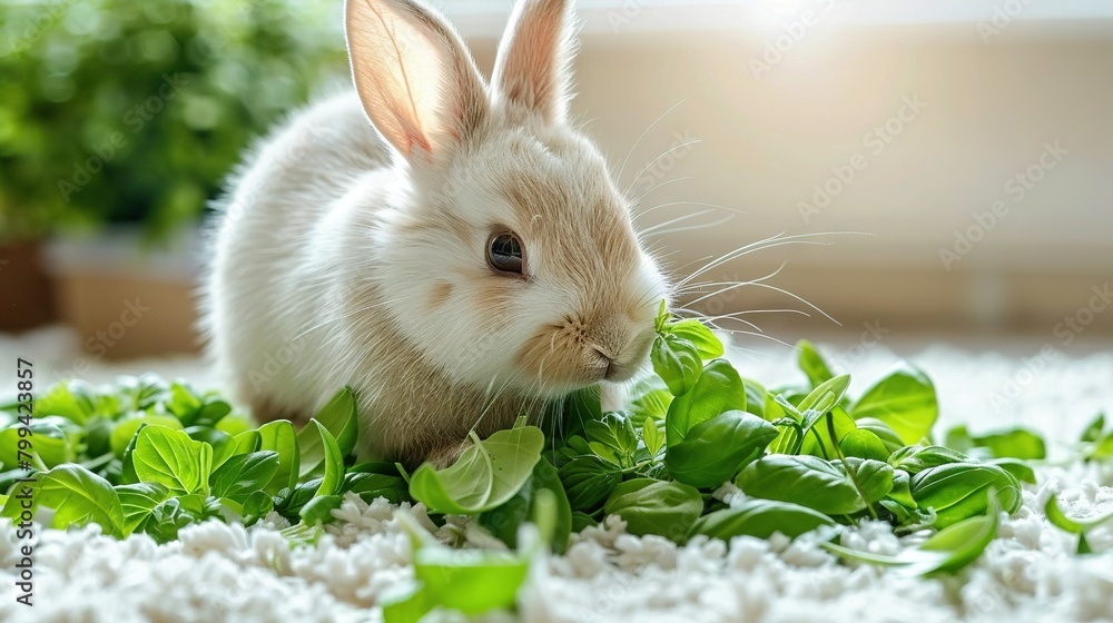 White rabbit sits on green lettuce on white carpet near potted plant White rabbit sits on green lettuce on white carpet near potted plant