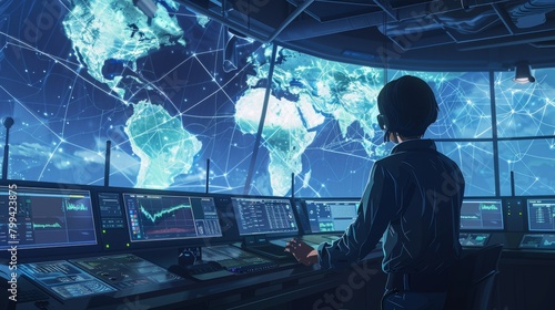 Global Shipping Surveillance Control Room Operator Tracking Satellite Network for Efficient Routes