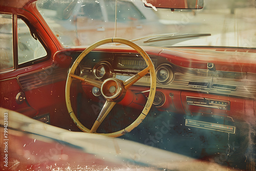 vintage car image. interior of the cockpit of a vintage american car. photo