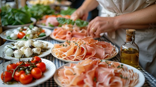   A table with dishes of food next to a wine bottle and another wine bottle on top of the table