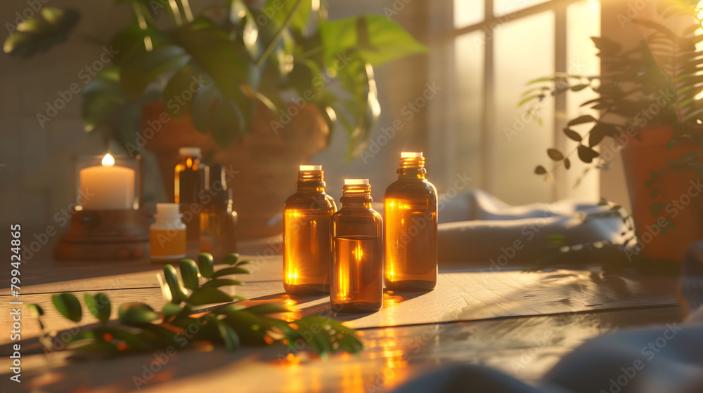 Several bottles of aromatherapy essential oil near a window at home Several bottles of aromatherapy essential oil near a window at home