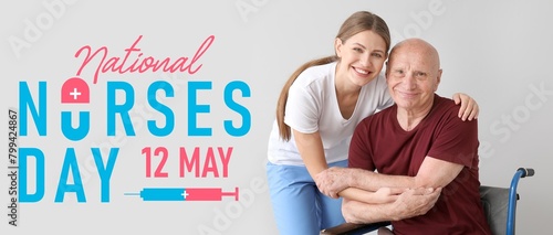 Festive banner for National Nurses Day with female medical assistant and seni...