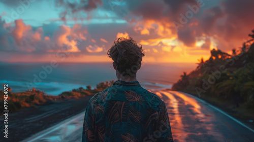 A man stands on a road looking out at the ocean