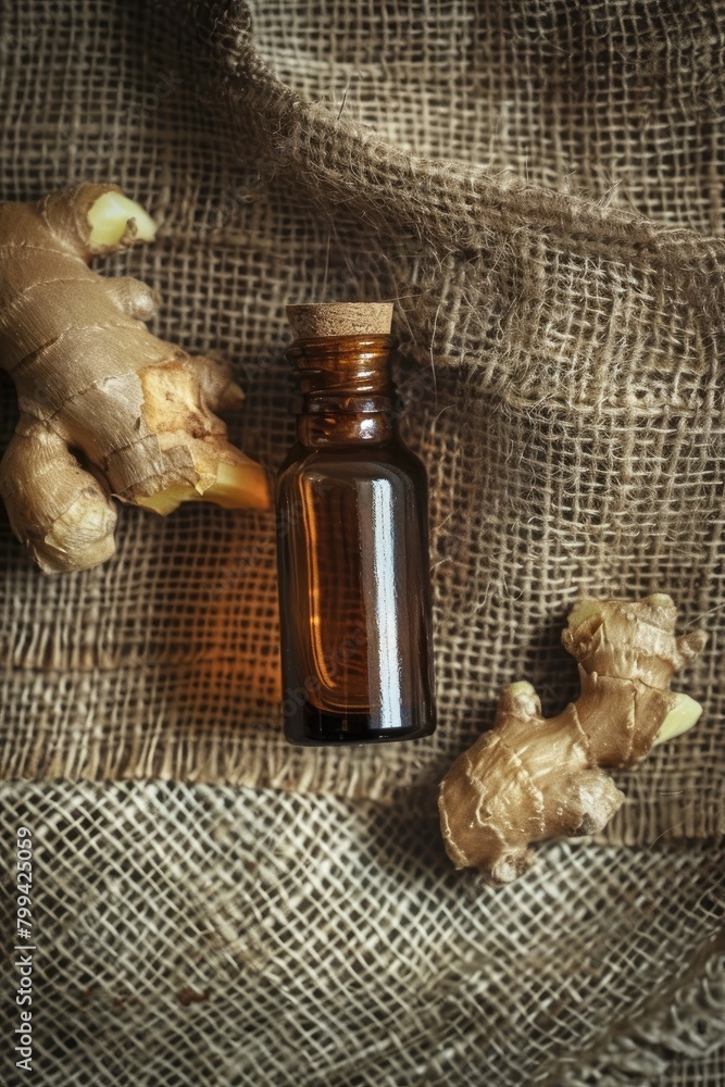 essential oil of ginger on the background of burlap top view essential oil of ginger on the background of burlap top view