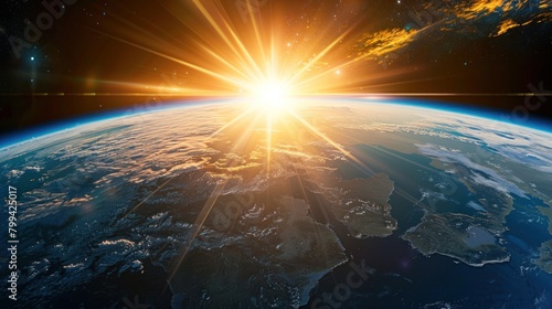 Panoramic view of Sun rising in the universe planet earth