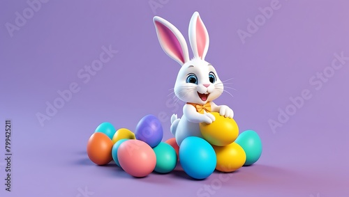 Easter day with cartoon cute happy bunny holding colorful egg or bouquet laughing Decoration easter
