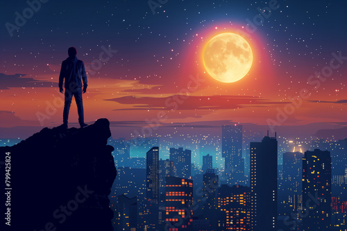 A man standing on the edge of a cliff, looking at a cityscape with a full moon and stars above it, illustration