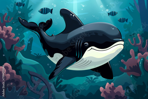 A graceful orca swimming among striped fish and colorful corals in an underwater landscape illuminated by rays of sunlight  illustration