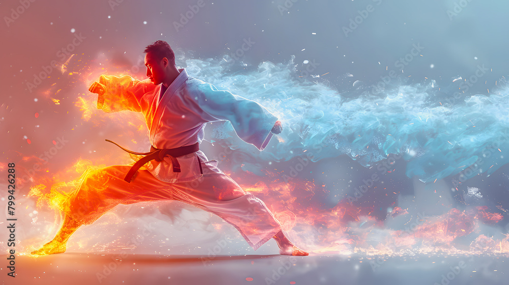 Naklejka premium Silhouette of a judo athlete while preparing for a fight on a multi-circled background. Olympic discipline.