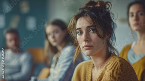 Thoughtful young adult in a moment of contemplation amidst a group.