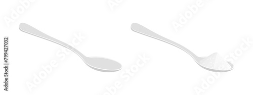 Spoon empty and full with with salt, sugar or sweetener. Teaspoon with powder isolated on white background. Cooking ingredients. Making tea or coffee concept. Vector flat illustration.