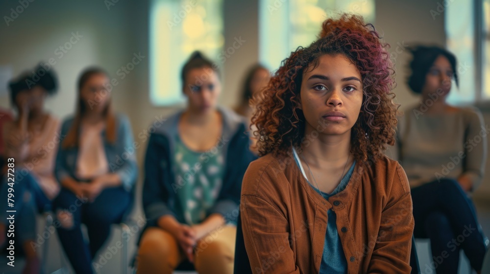 Fototapeta premium Thoughtful young adult in a moment of contemplation amidst a group.