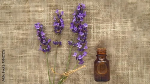 lavender essential oil on the background of burlap top view