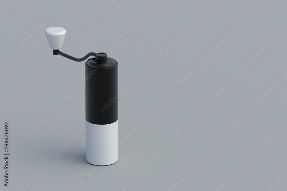 Fototapeta premium Manual grinder for coffee beans on gray background. Copy space. 3d render