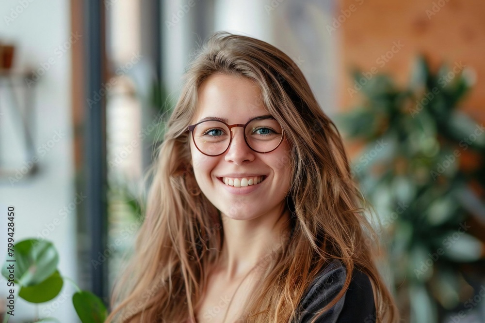 Empowering Women in Tech: Portrait of a Smiling Female SEO Specialist in Her Office Empowering Women in Tech: Portrait of a Smiling Female SEO Specialist in Her Office