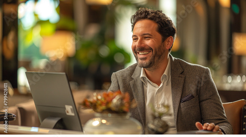 Happy hotel manager talking to guest at reception photo