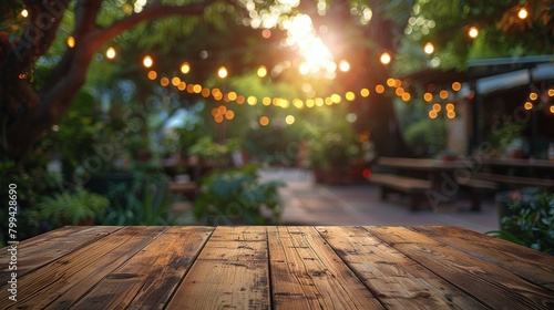 A rustic wooden table in a garden setting is warmly lit by festive lights  with a golden sunset peeking through the trees..