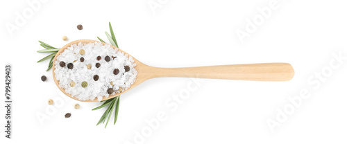 Salt with rosemary and peppercorns in spoon isolated on white, top view photo