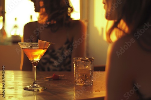 An intimate moment is captured as a cocktail glass gleams in the warm light of an evening social gathering