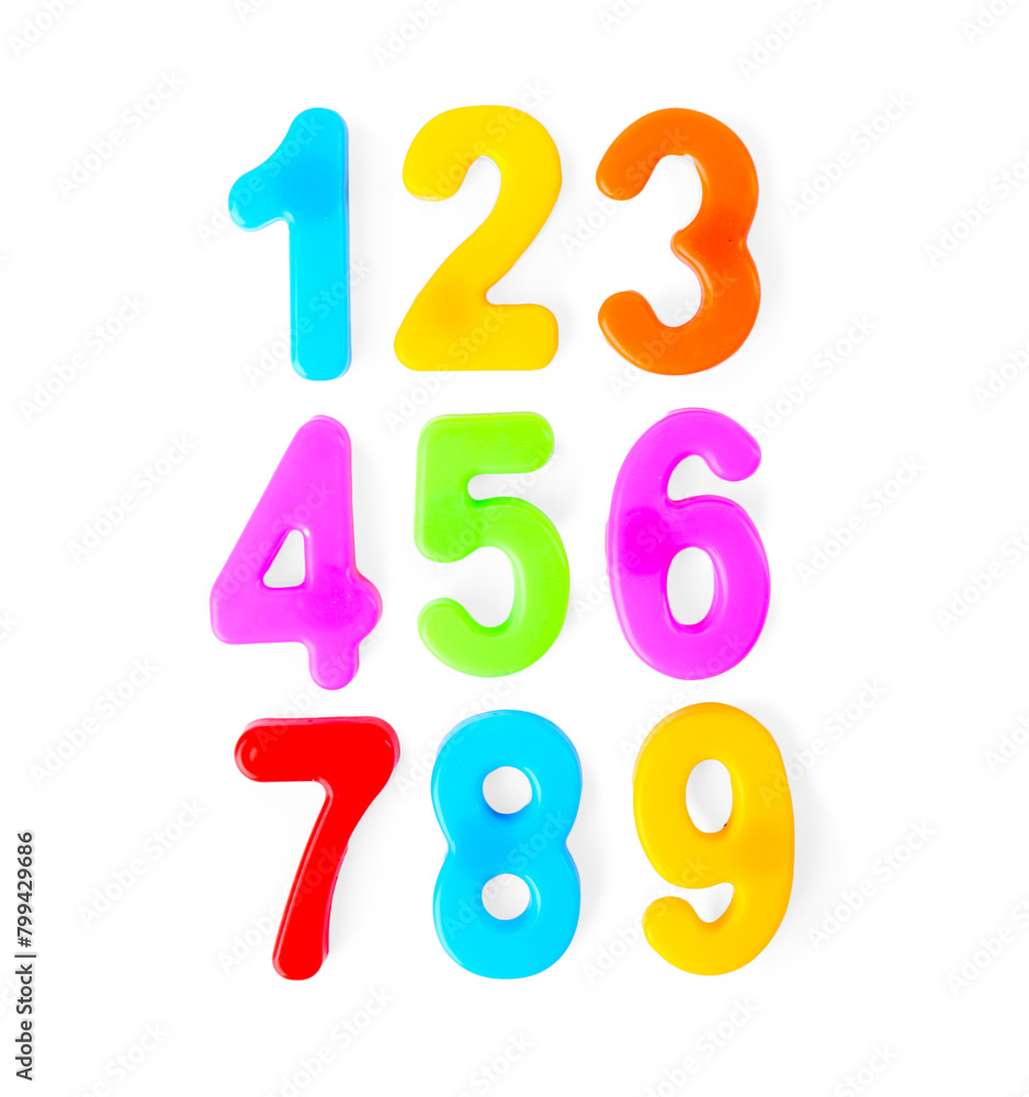Colorful numbers on white background, top view