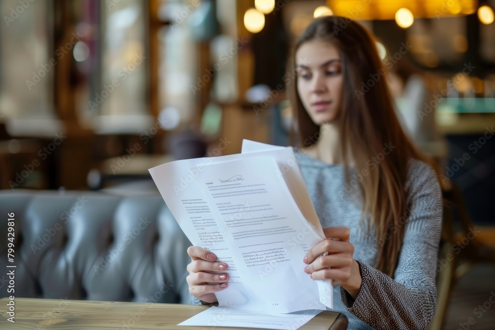 An attentive woman reads a menu with interest at a modern café with comfortable ambiance An attentive woman reads a menu with interest at a modern café with comfortable ambiance