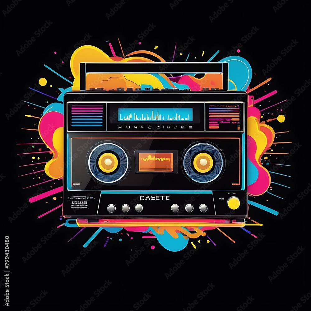 Funky audio cassette, colorful musical design