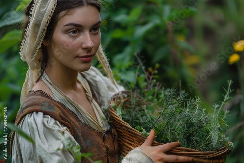 Close-up of a serene woman in period dress holding a woven basket filled with freshly picked herbs from the garden