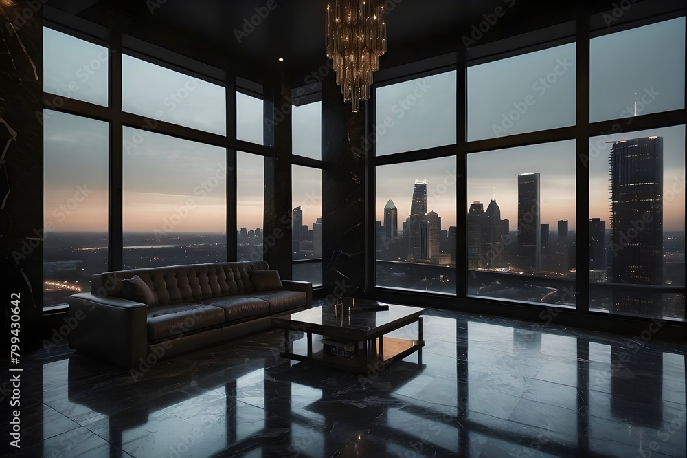Fototapeta premium An urban view from the windows of an industrial loft apartment, capturing the dynamic cityscape and the energy