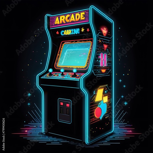 Neon arcade computer video game with vivid lights and colours