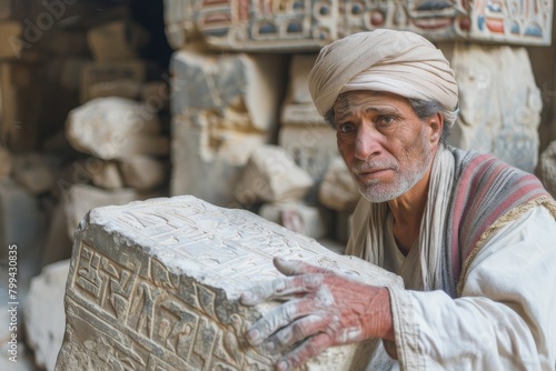 An artisan in traditional attire examines a handcrafted Egyptian artifact with hieroglyphs at a workshop