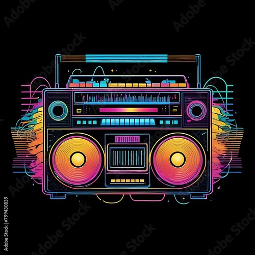 Musical boom box tape recorder with colorful funky graffiti arrows