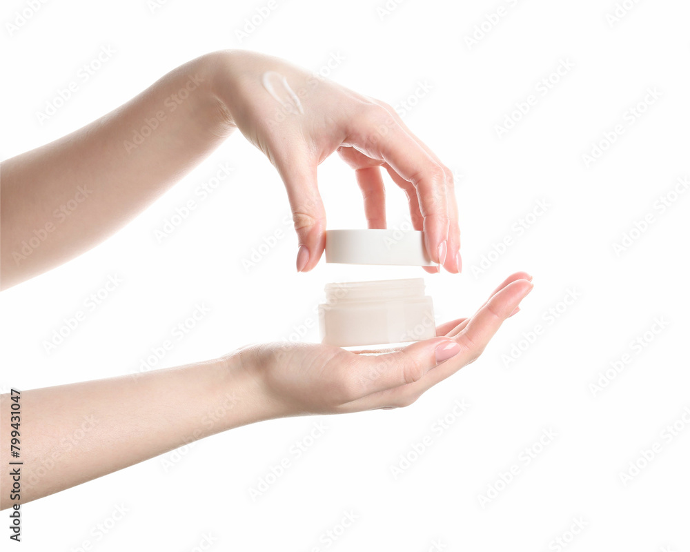 Woman with jar of cream isolated on white, closeup Woman with jar of cream isolated on white, closeup