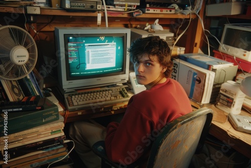 A young individual works on a vintage computer in a cluttered tech-filled room, conveying focus and nostalgia photo