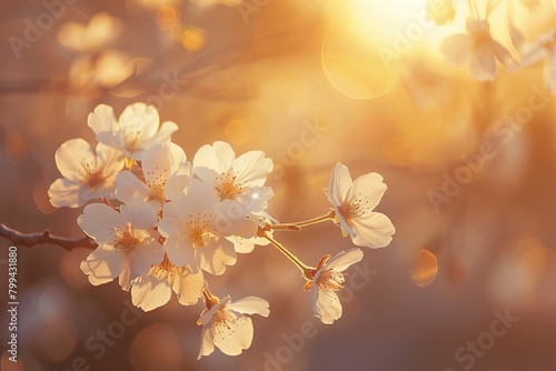 Soft glowing light filters through delicate cherry blossoms, creating a warm, springtime atmosphere with a sense of renewal and hope